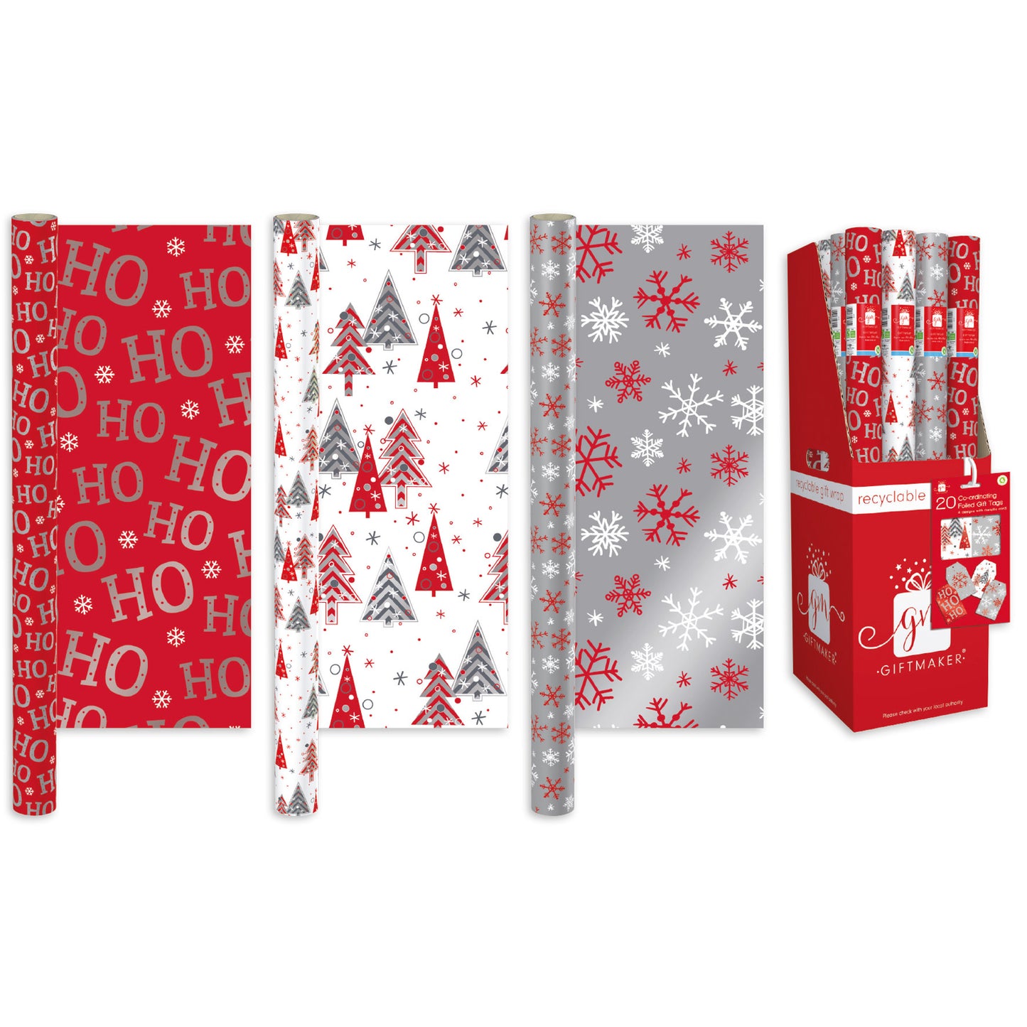 Pack of 3 4m Red & White Christmas Design Gift Wrap Rolls