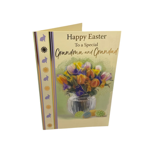 For Grandma And Grandad Flower Pot And Colourful Eggs Design Easter Card