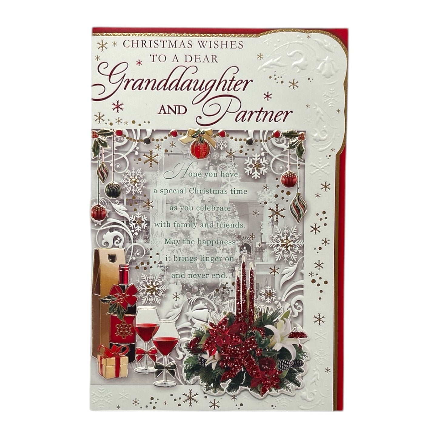 To a Dear Granddaughter and Partner Festive Classic Design Christmas Card