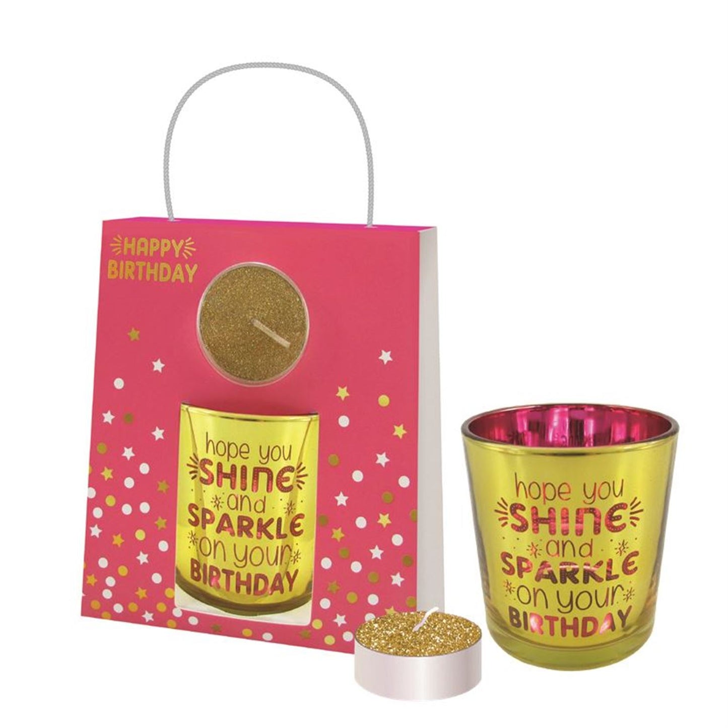 Shine On Birthday Glass Sentiment Tealight Candle Holder with Bag