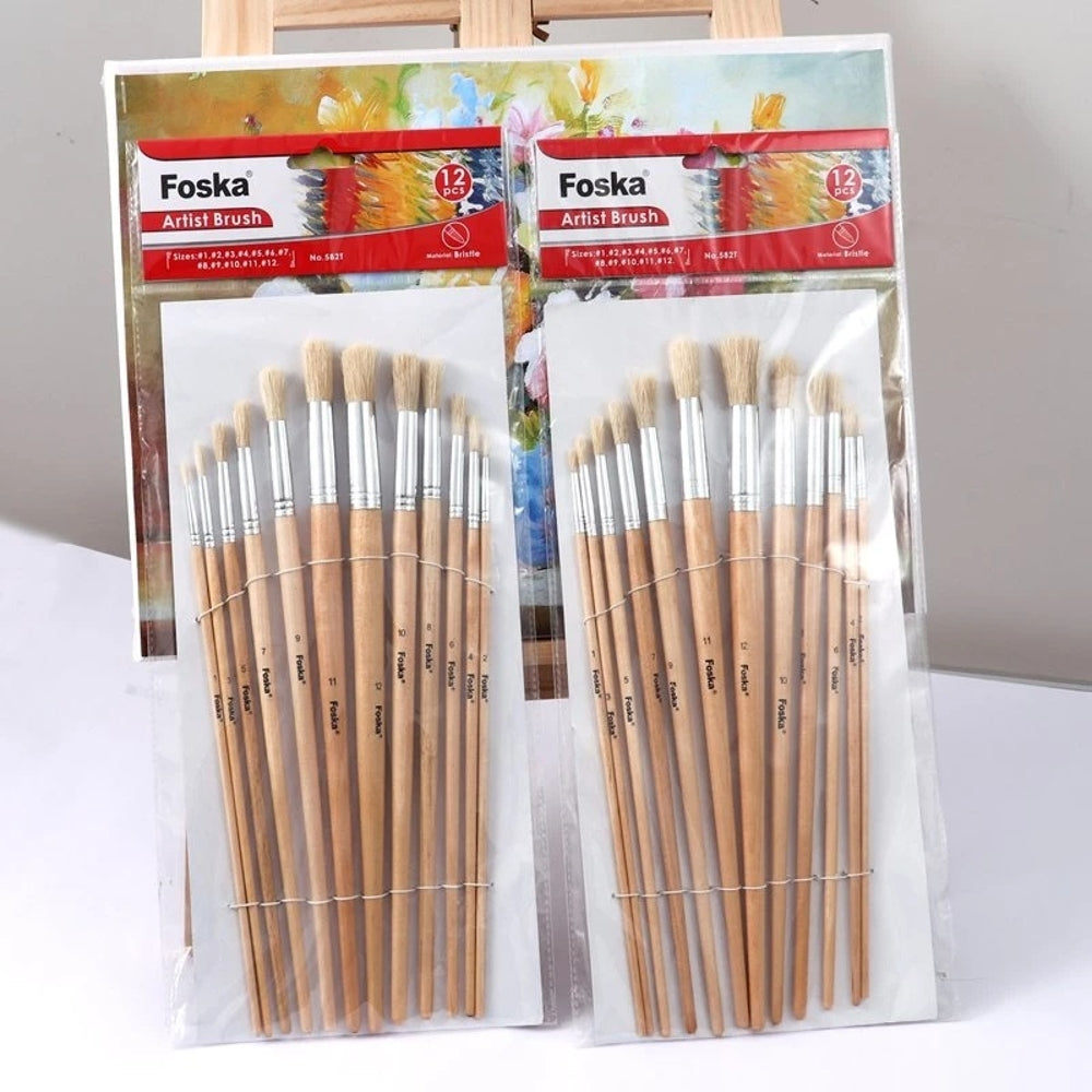 Pack of 12 Assorted Size Wooden Round Handle Bristle Hair Artist Paint Brush Set