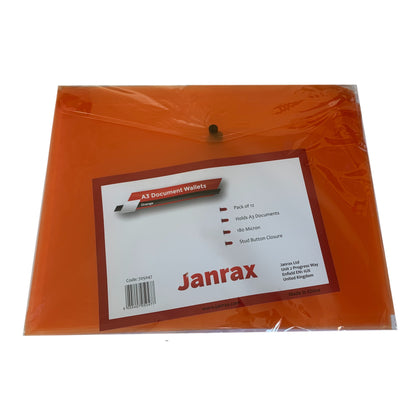 Pack of 12 Janrax A3 Orange Document Wallets - Button Stud Folder