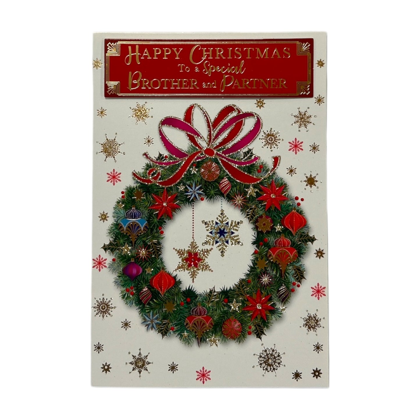 To a Special Brother and Partner Baubles Decorative Wreath Design Christmas Card