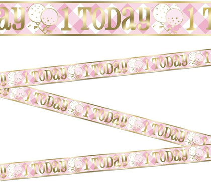 12ft Long Fold Foil Pink Gingham 1st Birthday Banner
