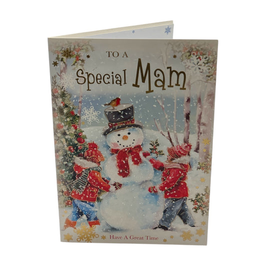 To a Special Mam Snowman Scene with Children Christmas Card
