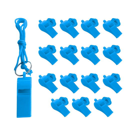 Pack of 15 Light Blue Plastic Whistles with Lanyard Neck Cord