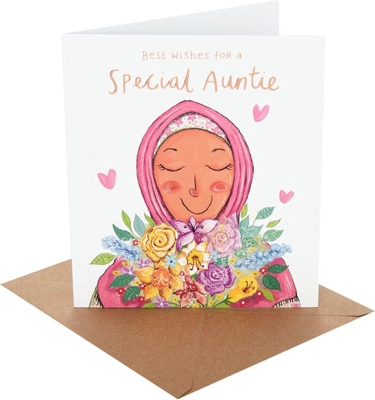 Character Holding Bouquet Auntie Birthday Card