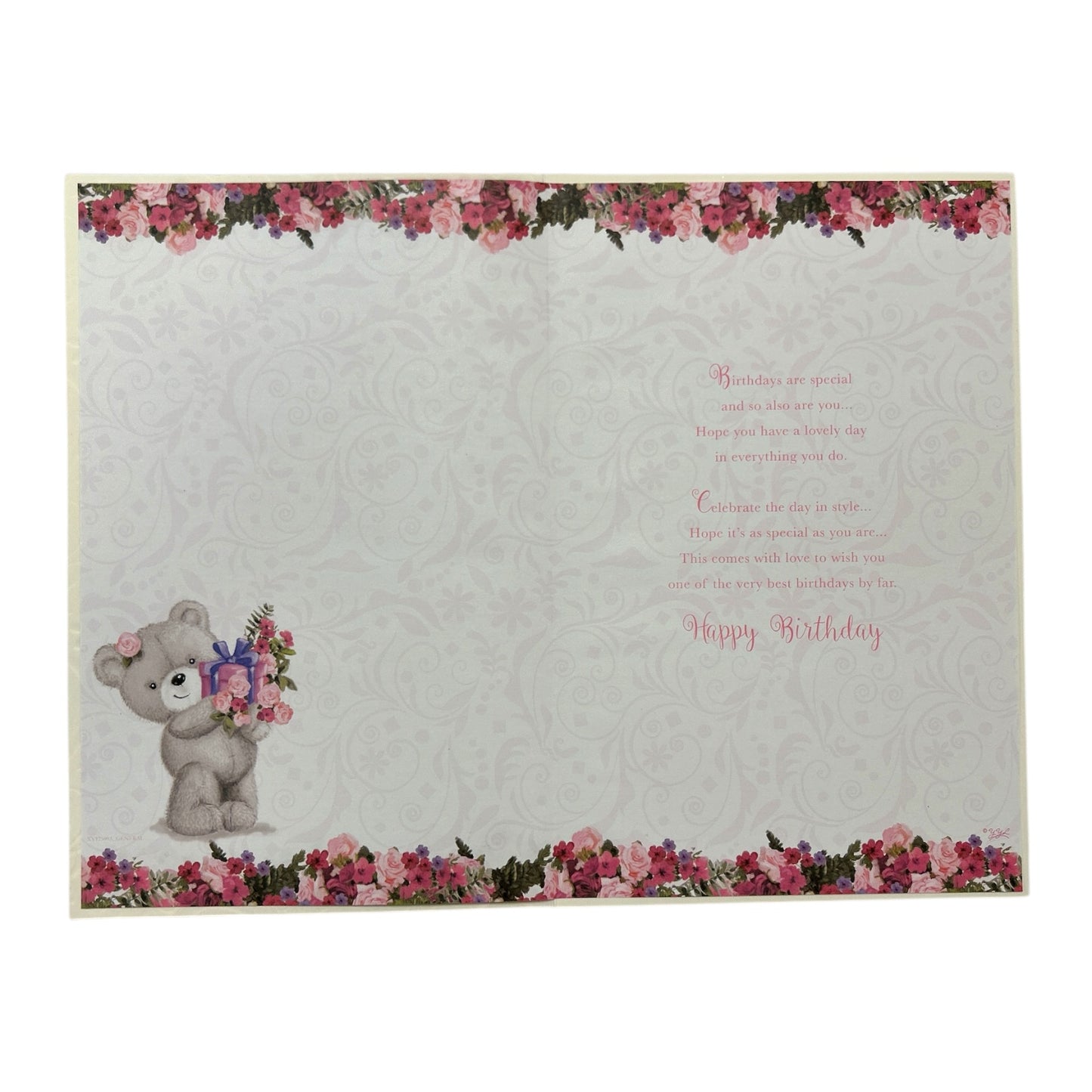 Teddy Holding A Bouquet of Pink Roses 21st Birthday Card