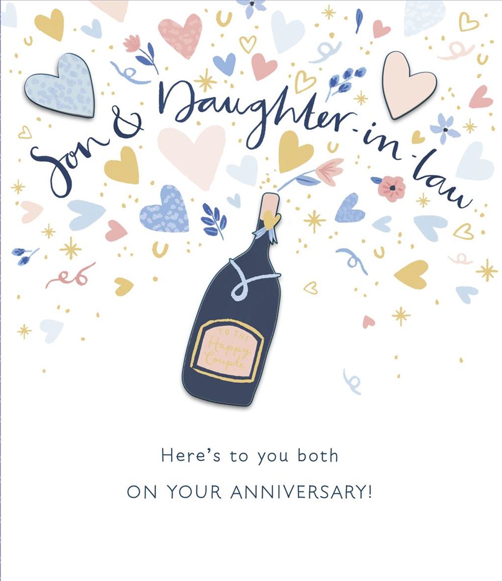Champagne Bottle and Hearts Design Son & Daughter In Law Anniversary Card
