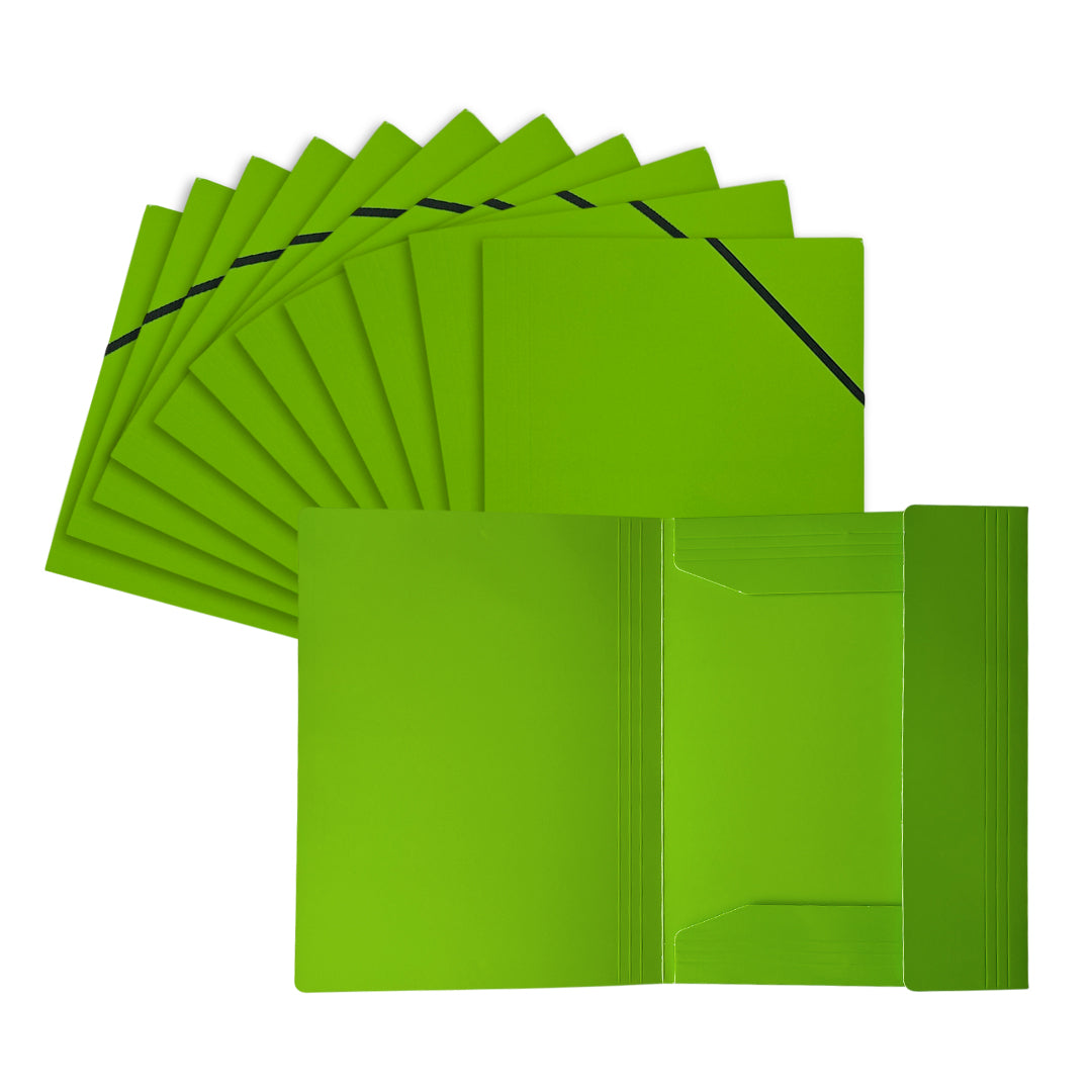 Pack of 12 Janrax A4 Green Laminated Card 3 Flap Folders with Elastic Closure