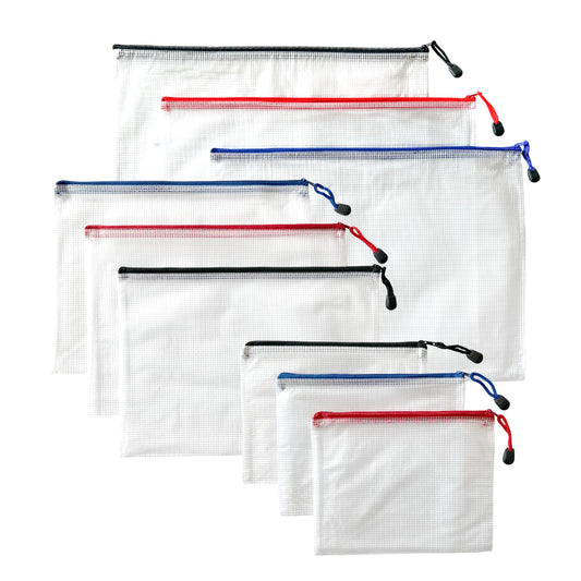 Pack of 9 Assorted Strong Mesh Bags - Black, Blue, Red - A3, A4, A5 - Tough Waterproof Storage