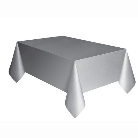 Silver Solid Rectangular Plastic Table Cover, 54"x108"