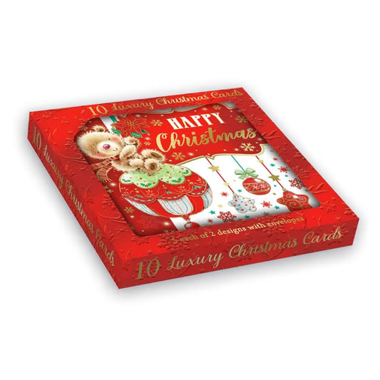 Pack of 10 Festive Cute Teddy Bear Christmas Boxed Cards