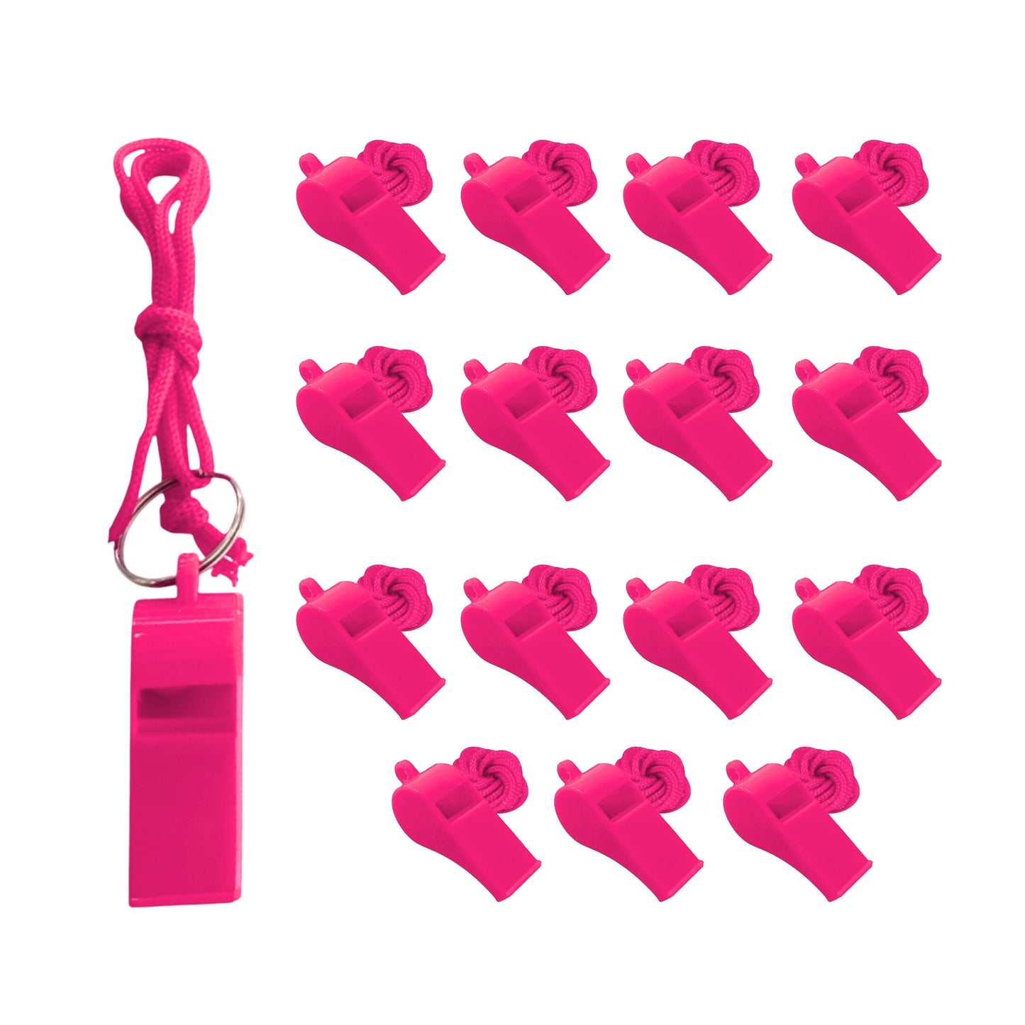 Pack of 50 Pink Plastic Whistles with Lanyard Neck Cord