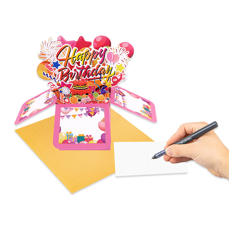 Pink Balloons Fireworks Peach Red 3D Pop Up Birthday Box Card Surprise Gift Box