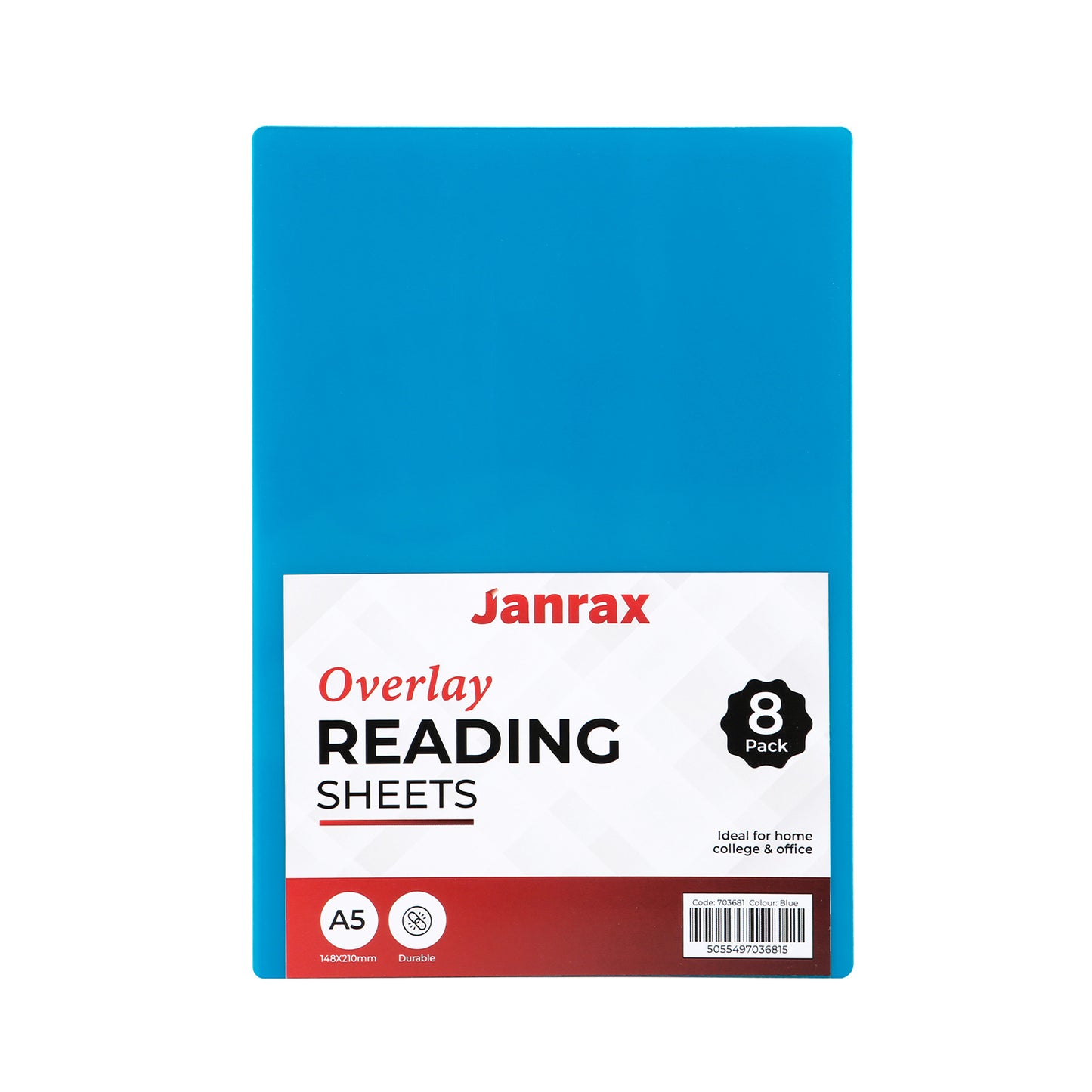 Pack of 8 A5 Plain Blue Dyslexia Overlay Reading Sheets – PET Material, Rounded Corners