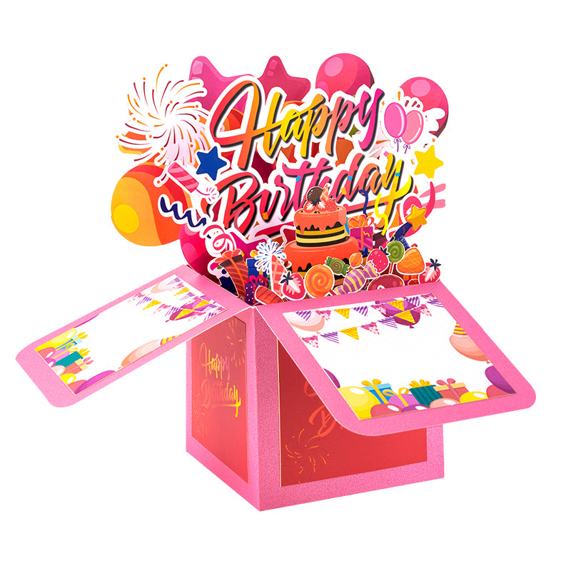 Pink Balloons Fireworks Peach Red 3D Pop Up Birthday Box Card Surprise Gift Box