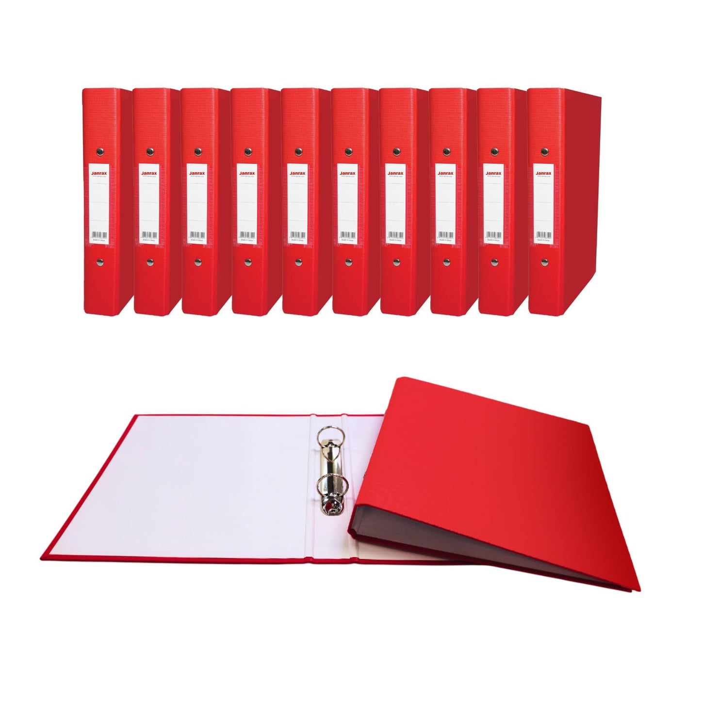 Pack of 10 A5 Red Paper Over Board Ring Binders by Janrax
