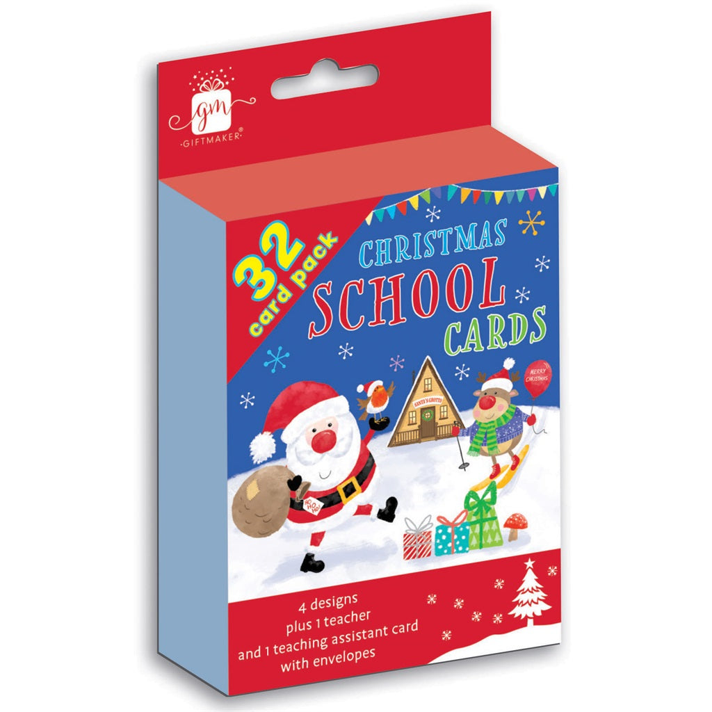 Pack of 32 Cute Santa School Christmas Cards & Envelopes