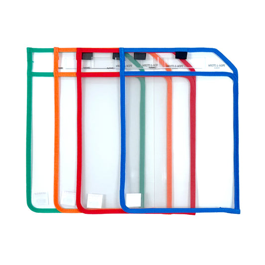 Pack of 4 Assorted Coloured Edge Clear Dry Erase Write and Wipe Reusable Sleeve Pockets