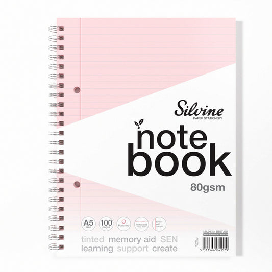 A5+ 100 Pages Twin Wire SEN Pink Paper Dyslexia Notebook - Lined with Margin