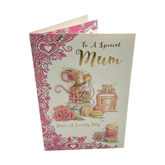 To Special Mum Mice And Perfume Pink Birthday Card