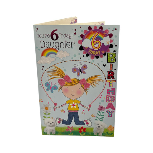 To Daughter Age 06 Girl Skipping Juvenile Birthday Card With Badge