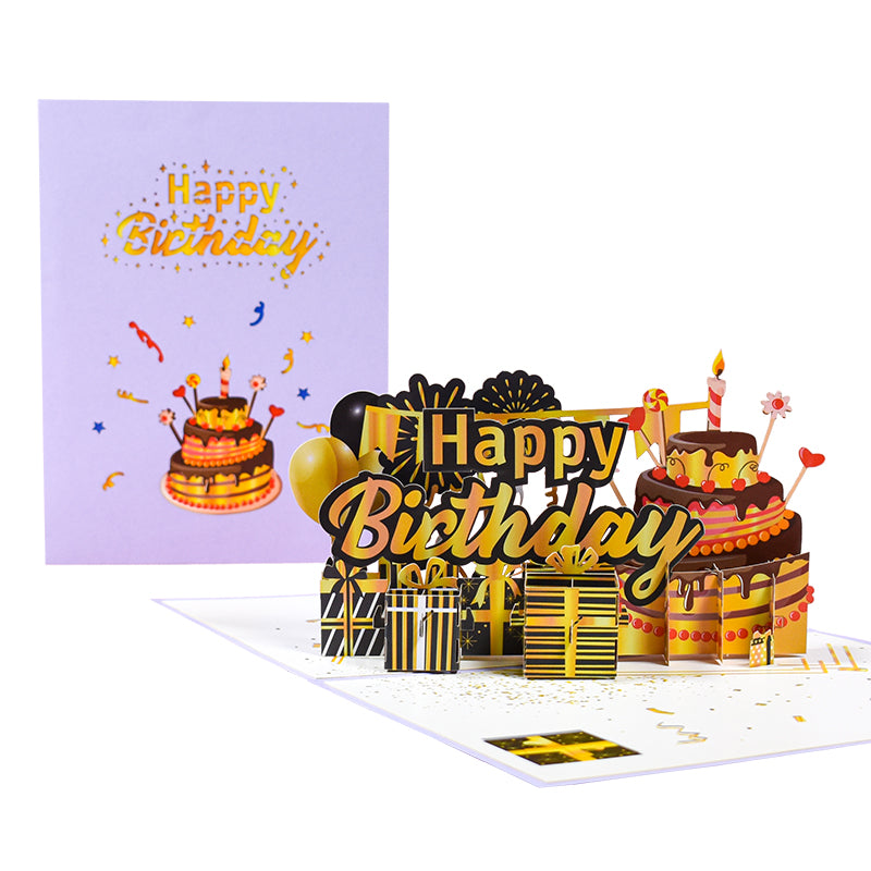 Layered Cake Design Black and Gold Accents 3D Pop Up Birthday Card