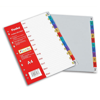 A4 Jan-Dec Month Coloured Tab Index Dividers - January to December