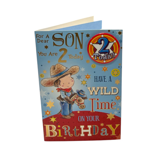 For Son Age 2 Juvenile Boy and Horse Design Birthday Card with Badge