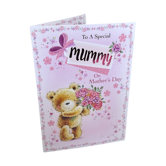 To A Special Mummy Teddy Holding Bouquet Design Mother's Day Card