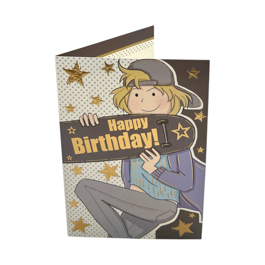 Boy With Skateboard Gold Stars Design Juvenile Open Birthday Card