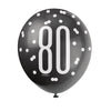 Pack of 6 Birthday Glitz Black, Silver & White Number 80 12" Latex Balloons