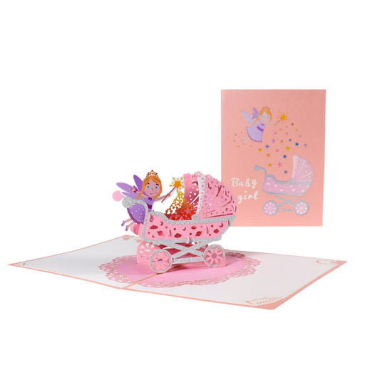 Pink Baby Girl Carriage and Fairy 3D Pop Up Baby Shower Greeting Card