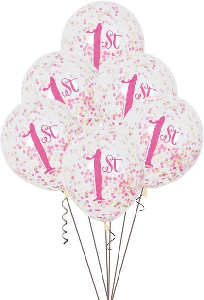 Pack of 6 Pink & Gold First Birthday Clear Latex Balloons with Confetti 12