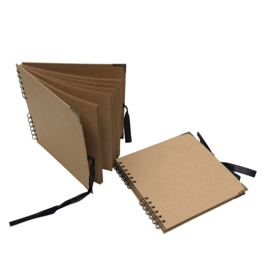 Pack of 12 Spiral Bound 180gsm Kraft Scrapbooks with Ribbon Closure and Metal Corners - 30 Sheets 20x20cm