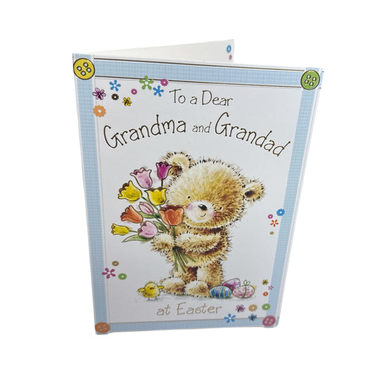 To Dear Grandma And Grandad Cute Teddy Holding Tulip Flowers Design Easter Card