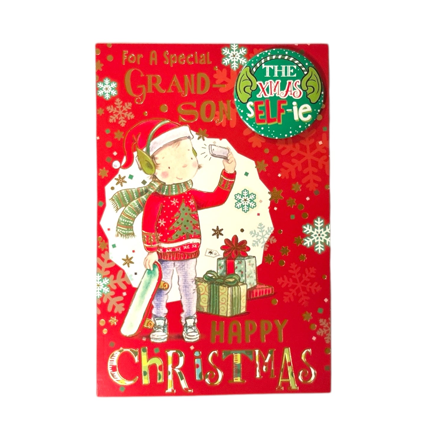 For a Special Grandson Selfie Design Christmas Card With Badge
