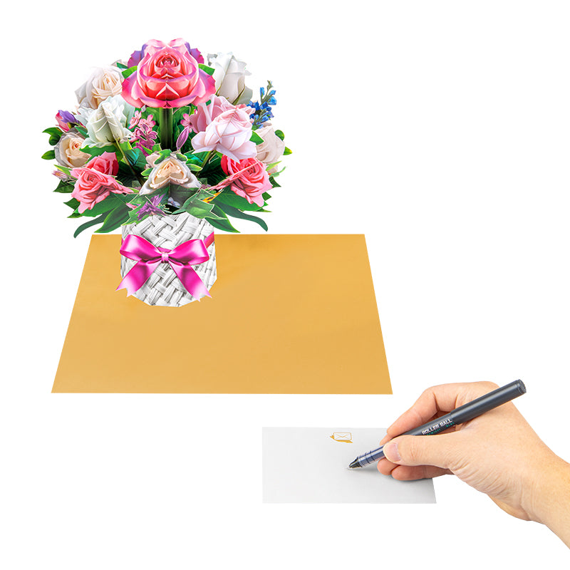 Pink And White Rose Bouquet in Basket Design 3D Pop Up Card