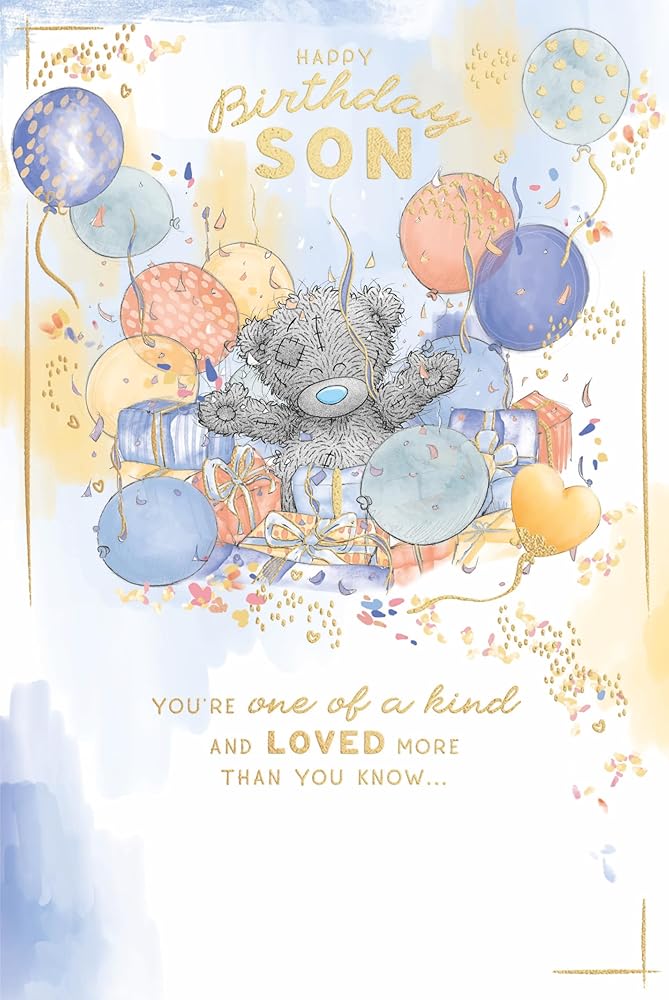 Bear Amongst Balloons And Gifts Son Birthday Card