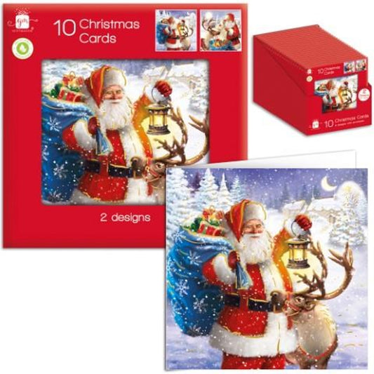 Pack of 10 Outdoor Traditional Santa Design Square Christmas Cards