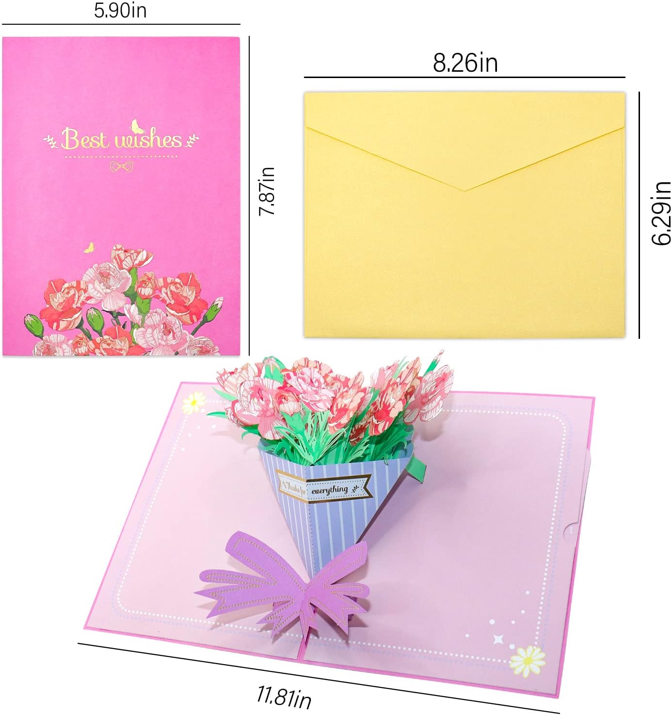Elegant Carnations Bouquet 3D Pop Up Greeting Card - Wedding Birthday Mother's Day Anniversary