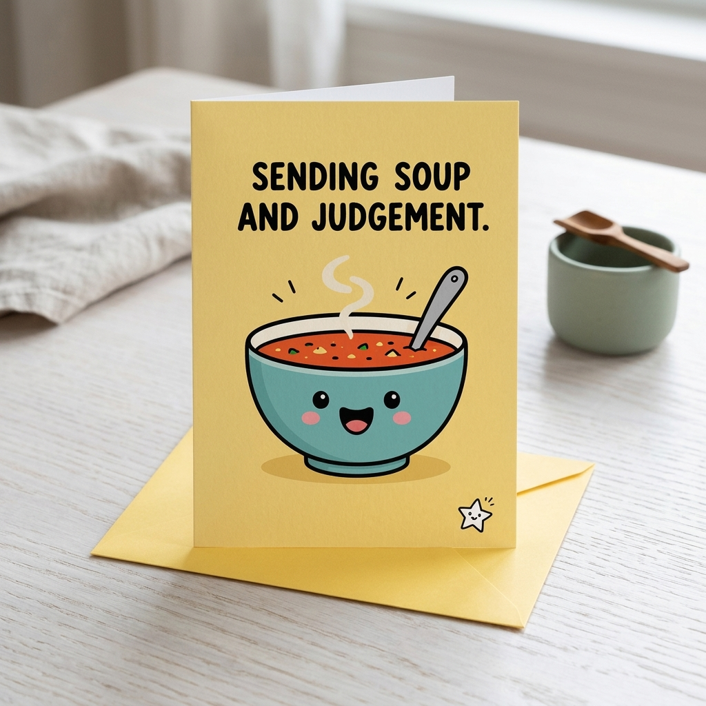 Sending Soup and Judgement Get Well Soon Greeting Card
