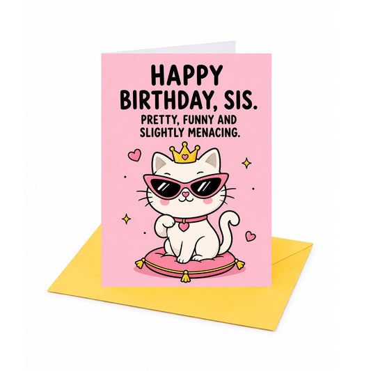 Sis Pretty Funny Slightly Menacing Sister Birthday Greeting Card - Cute Cat & Crown Design Humorous Card With Envelope