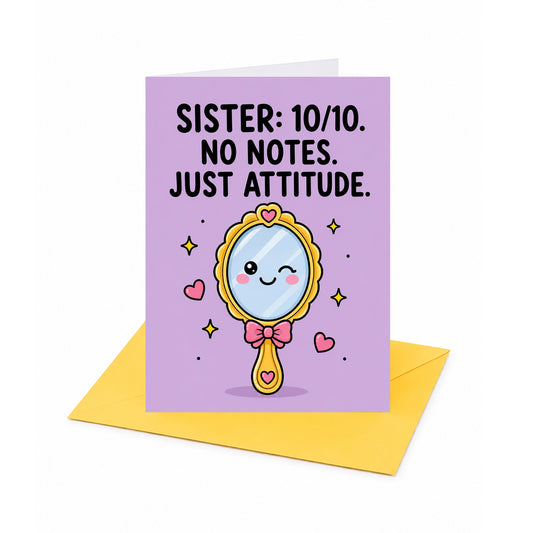10/10 No Notes Just Attitude Sister Birthday Greeting Card - Fun Sassy Design Card With Envelope