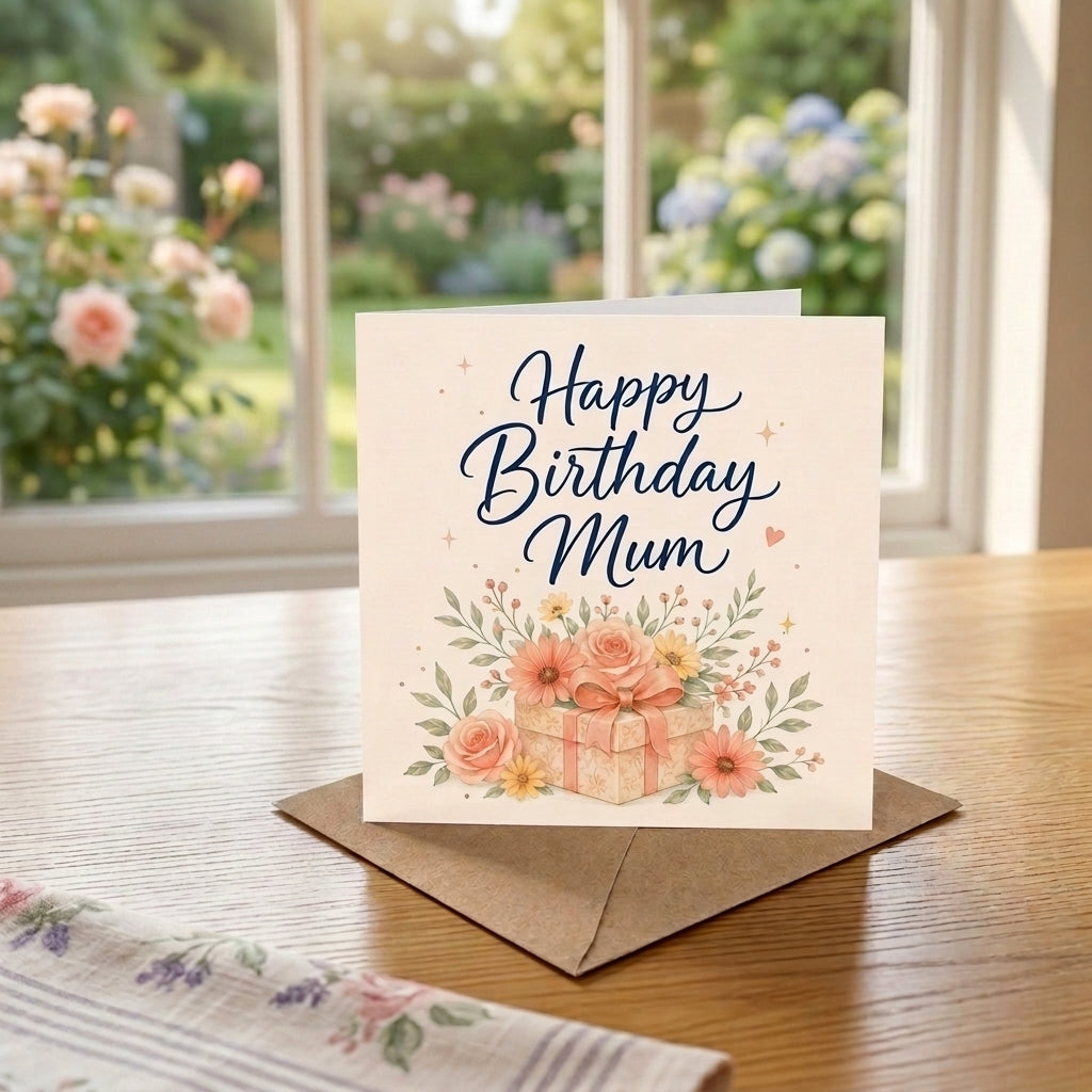 Flowers on Gift Design Mum Birthday Card