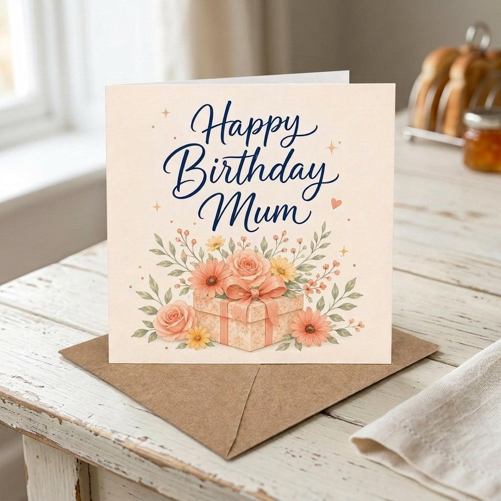 Flowers on Gift Design Mum Birthday Card