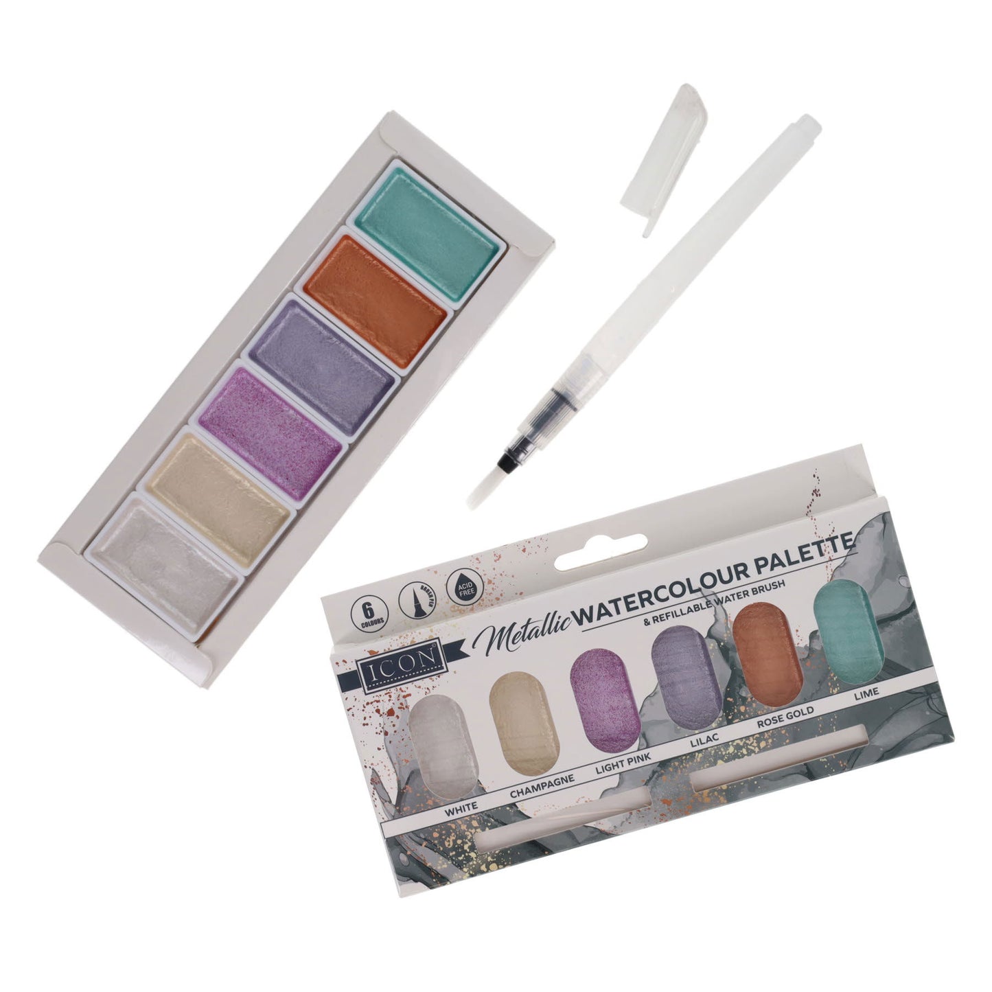 Pack of 6 Pastel Metallic Watercolour in Palette & Refillable Water Brush by Icon