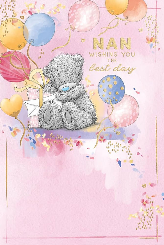 Bear Sat With Balloons and Gift Nan Birthday Card