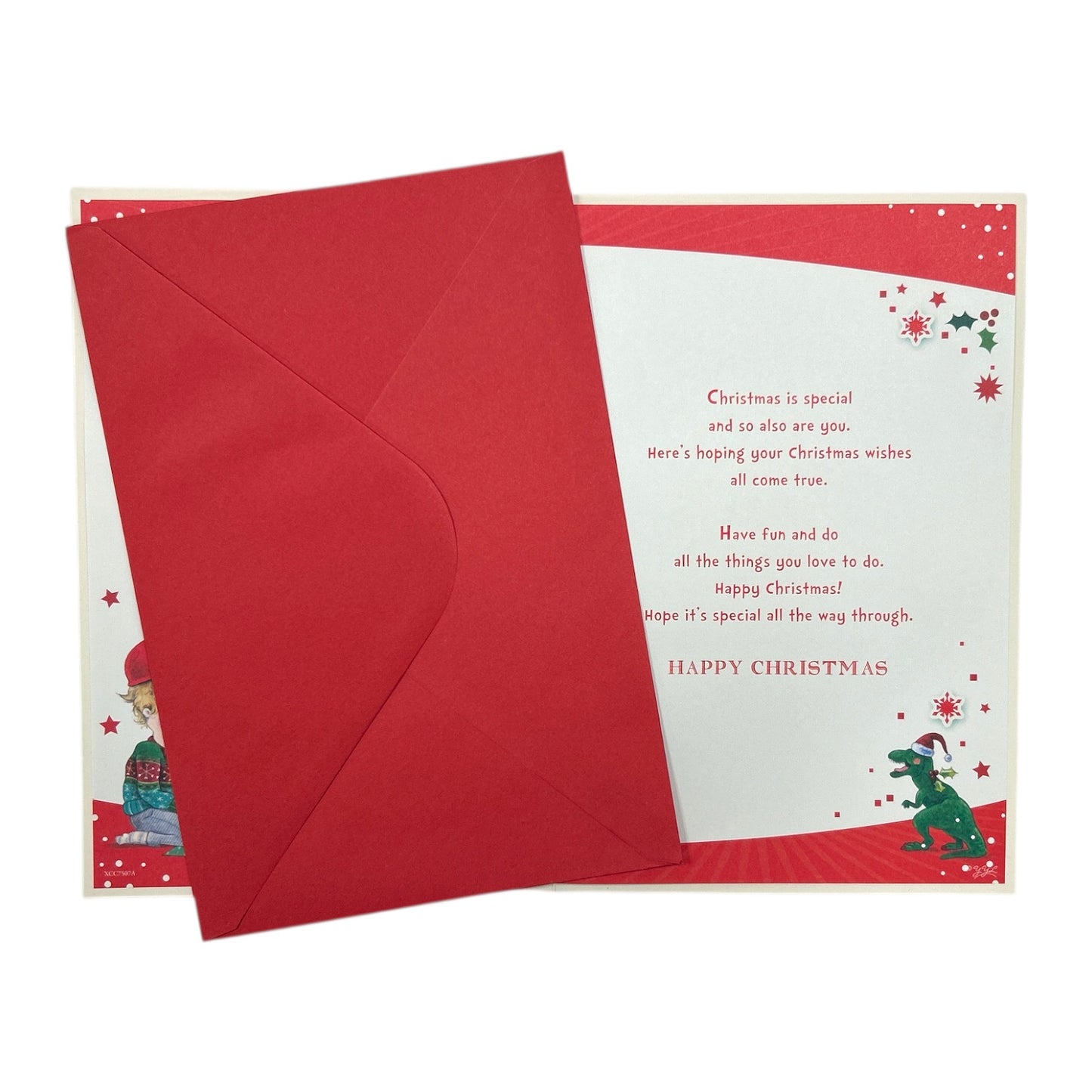 Just for You Christmas Tree Rex Dinosaur Design Christmas Card with Badge